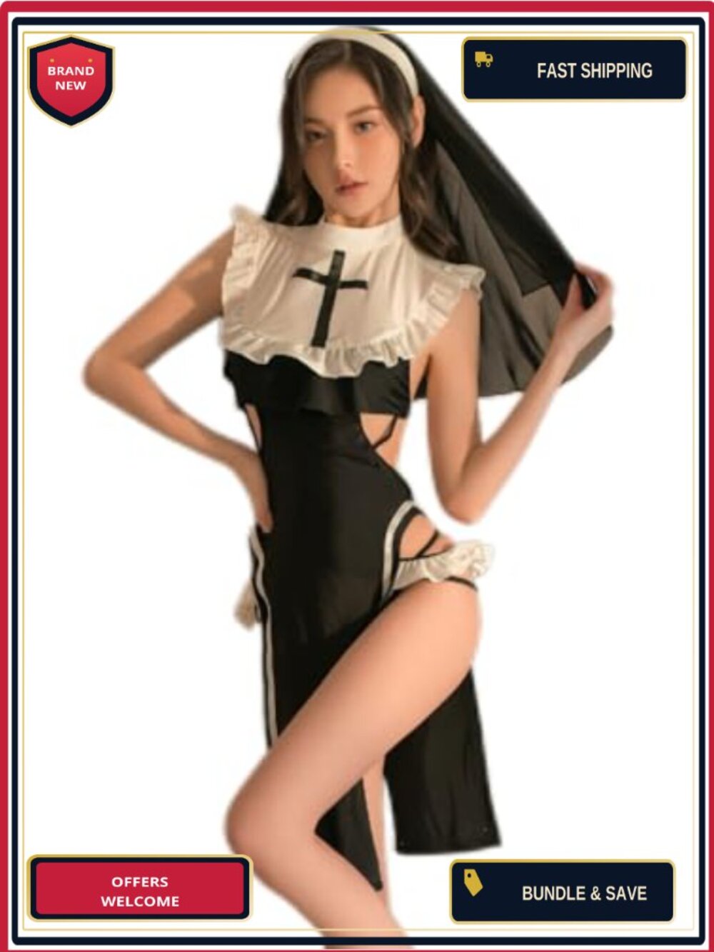 Sexy Nun Cosplay Lingerie Set Women Halloween Costume High Slit Backless